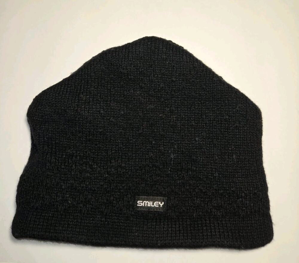 Vintage Smiley Knit Cap Hat Beanie Wool Black Unisex Adult One Size Fits Most